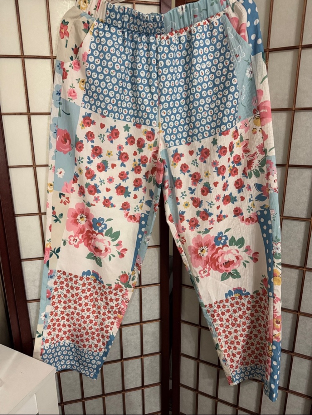 Patchwork Floral Relaxed Trousers - Boho Blue & Pink with Pockets